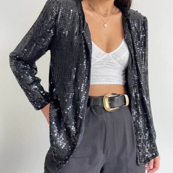Vintage Stenay 100% silk black sequin jacket size small - Picture 3 of 10